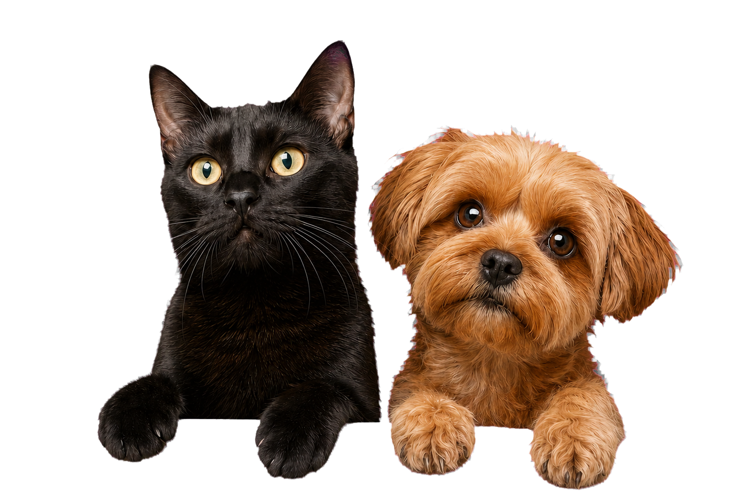 Black cat and small caramel dog peeking with their paws visible