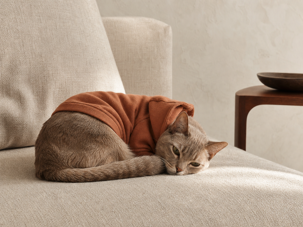 Relaxed cat resting on a linen sofa while wearing a soft clay comfort hoodie